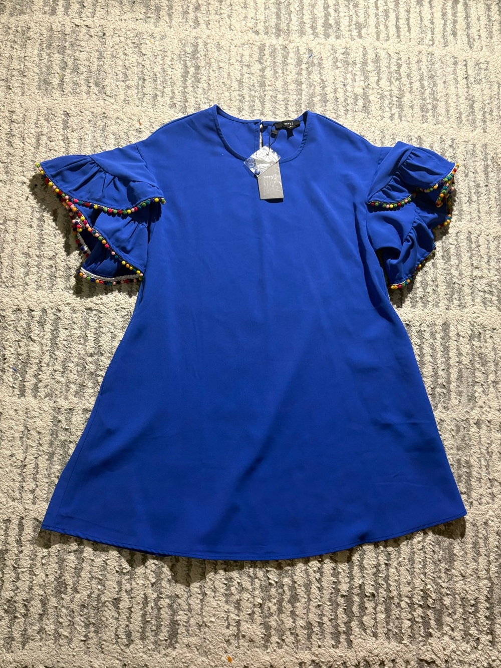 NWT Nordstrom Very J blue ruffle Pom Pom sleeve dress size S